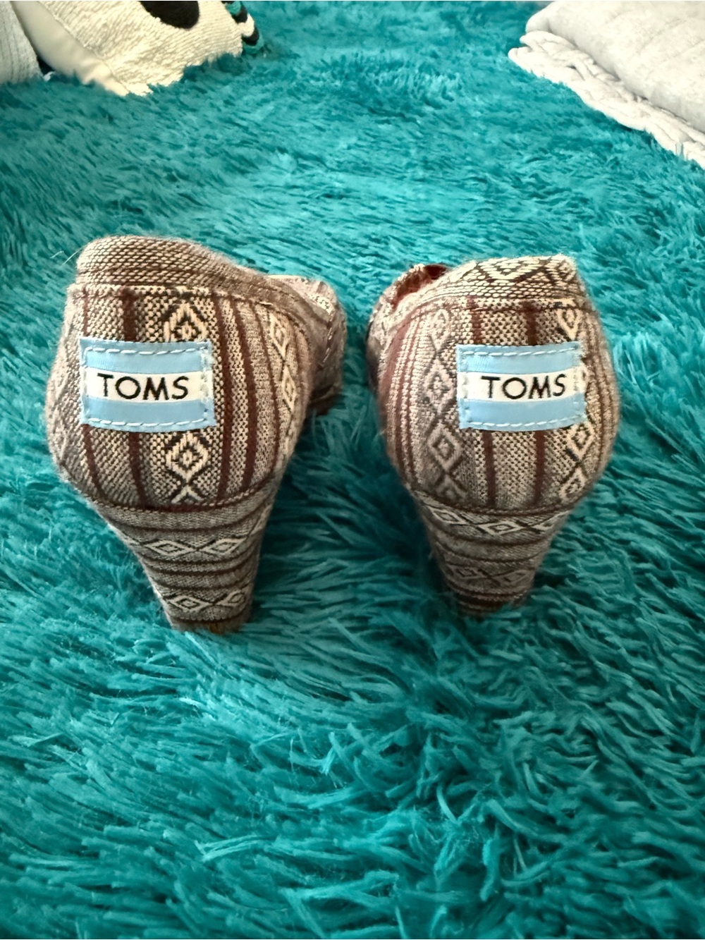 TOMS Brown and Cream Aztec Wedge Heels with Light Blue Logo